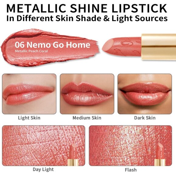 🆕 Metallic Coral Pink Lipstick Lightweight Soft Hydrating Vegan Full-Coverage - Picture 6 of 9